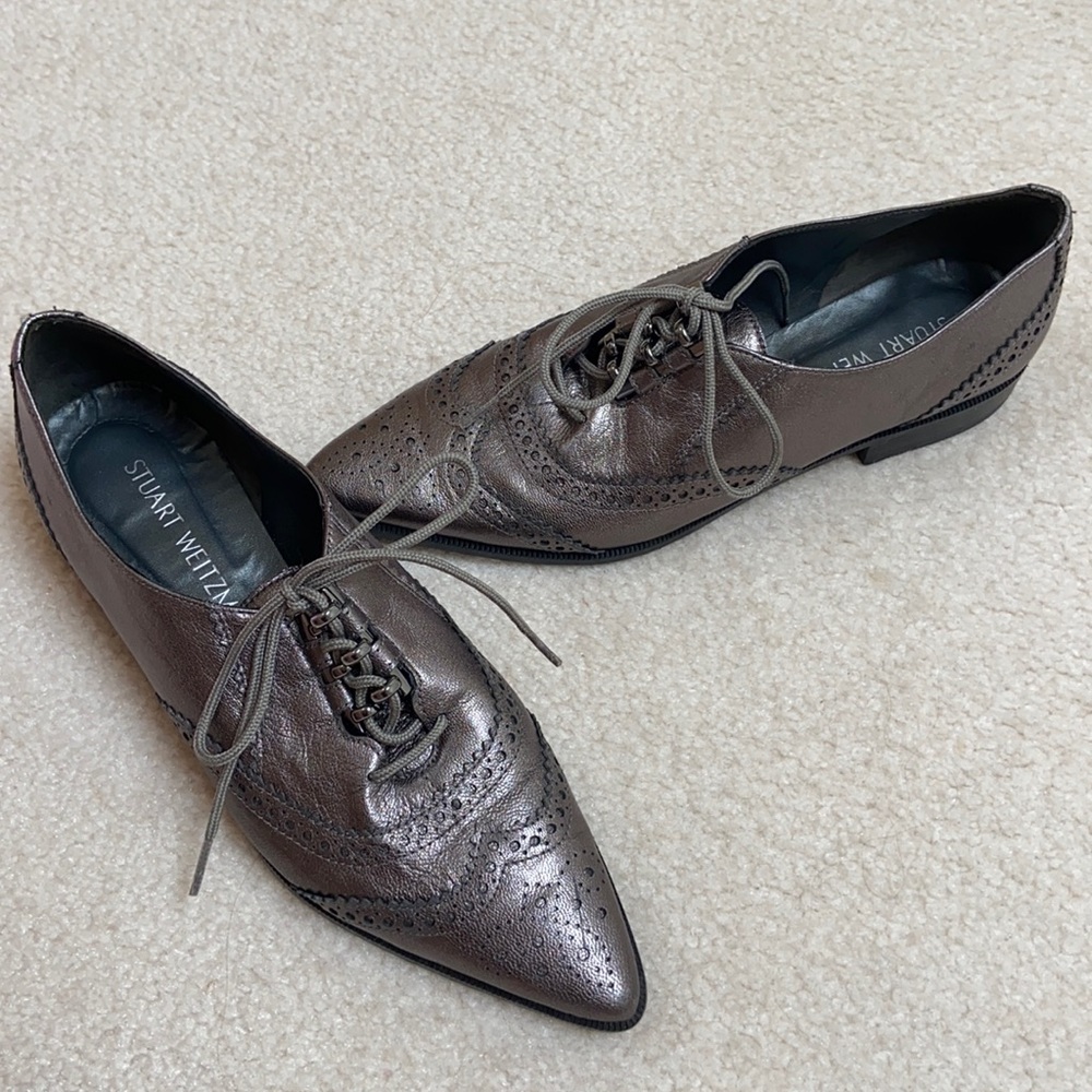 Stuart Weitzman Metallic Lace Up Pointy Oxford